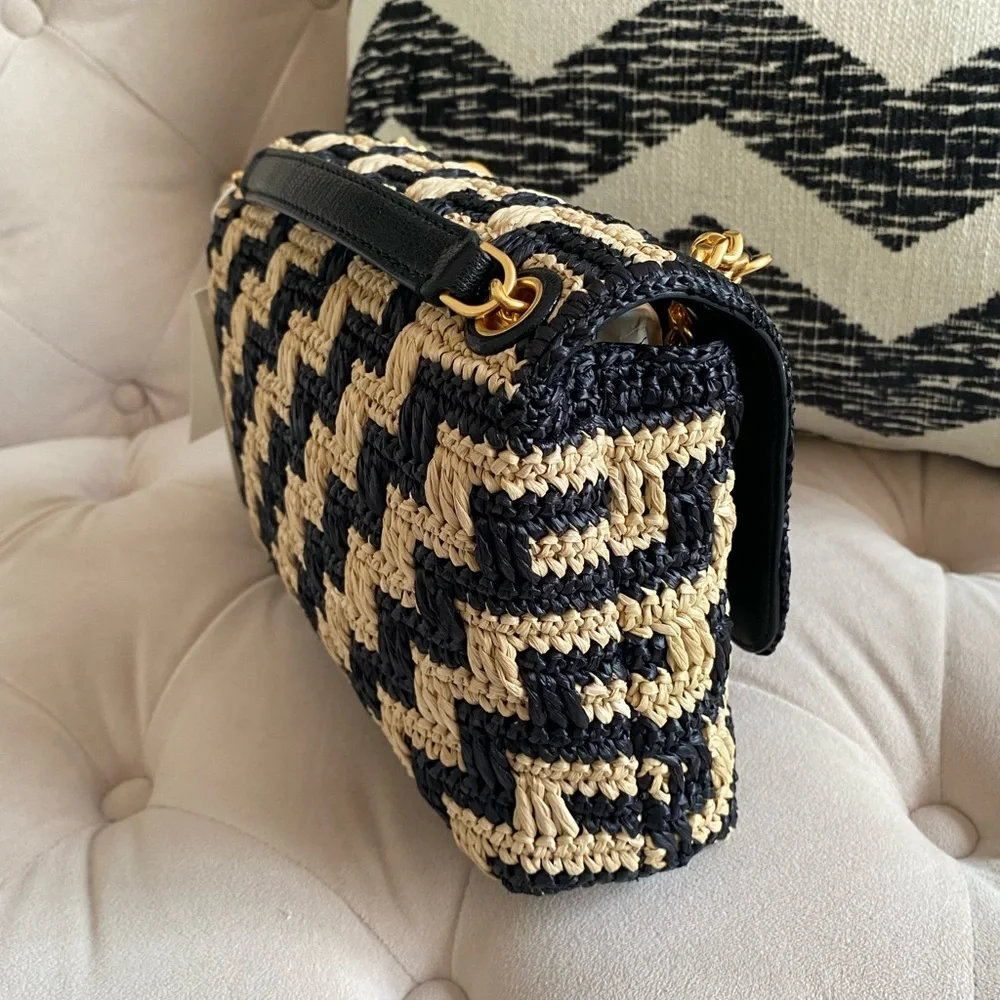 Tory Burch Willa Straw Small Shoulder Bag Black & Pale Khaki - Picture 3 of 14